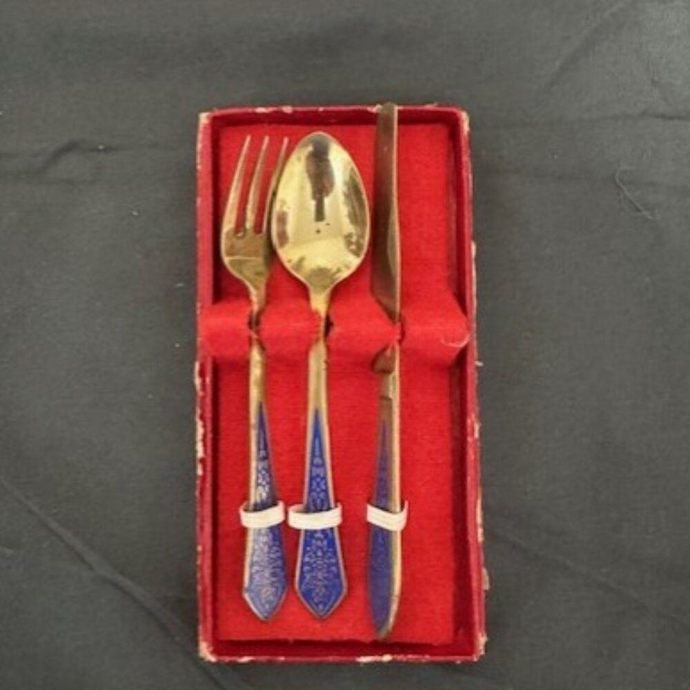 Vintage Tommy's Gems Fork, Knife and Spoon Set with Blue Handle